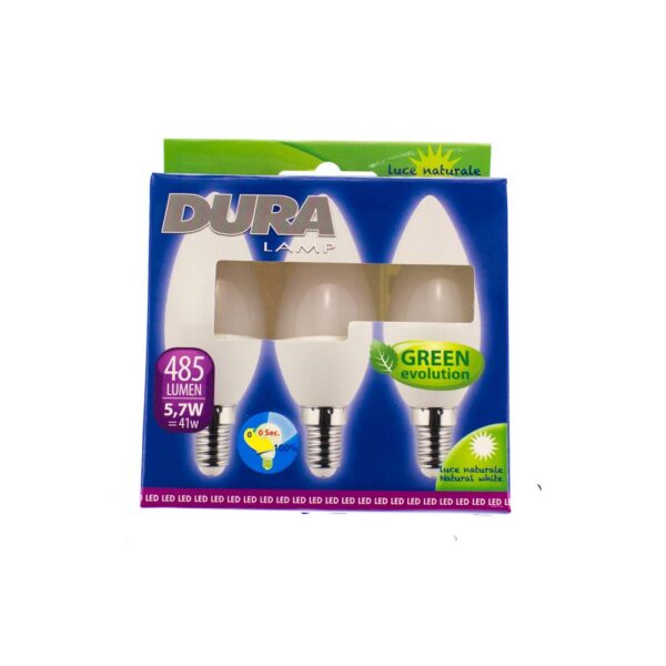 Tripack lampadine LED candela 3xE14 5,7W 485lm 240° 4000K - DCND57N3 Duralamp - immagine 1