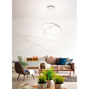 lampadario led a sospensione a soffitto rotondo due anelli sottili in alluminio colore nero applicato in una sala soggiorno