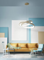 lampadario led a sospensione a soffitto due anelli colore sabbia applicato in soggiorno
