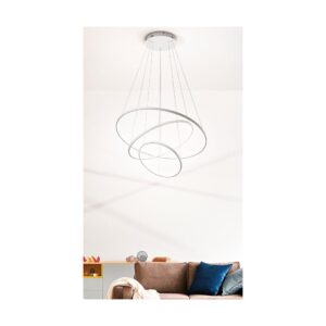 lampadario led a sospensione a soffitto rotondo tre anelli sottili in alluminio colore bianco applicato in un soggiorno