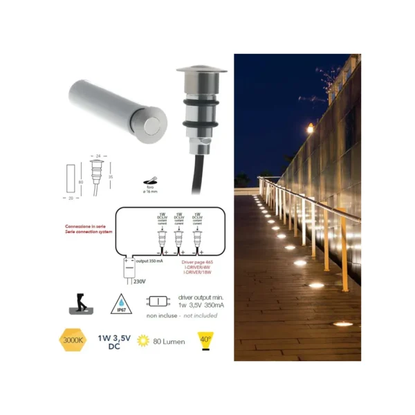 Faretto LED da incasso BARRET a pavimento e parete da esterno 1W 85lm 3000/4000K 40° IP67 in alluminio colore Nikel - Intec - immagine 2